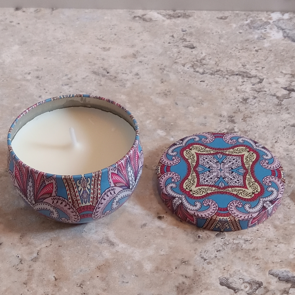 Decorative Blue and Pink Patterned Tin Candle - Home Accents